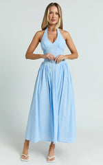 Athena Midi Dress - Halter Drop Waist Dress in Blue