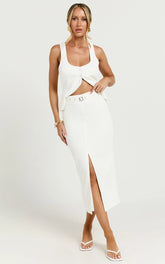Romeo Midi Skirt - High Waisted Front Split Pencil Skirt in White