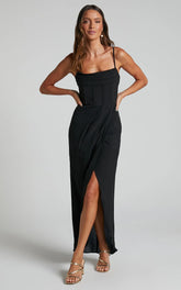 Andrina Midi Dress - High Low Wrap Corset Dress in Black