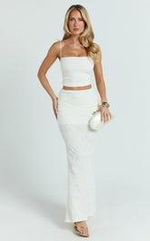 Kayrene Two Piece Top and Skirt Set - Straight Neck Top And Ruched Low Rise Maxi Skirt in Cream