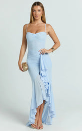 Brionna Midi Dress - Lace Neck Ruched Ruffle Hem Dress in Blue