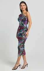 Pepper Midi Dress - One Shoulder Ruched Mesh Dress in Ethereal Iris Print