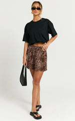 Lopez Linen Blend Shorts - High Waisted Shorts in Tonal Leopard Print