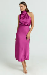 Minnie Midi Dress - Drape Neck Satin Slip Dress in Purple