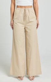 Abbey Pants - Wide Leg Drawstring Linen Look Pants in Natural