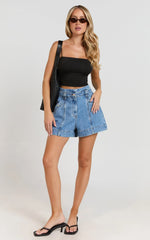 Kayla Shorts - High Waisted A Line Denim Shorts in Mid Blue Wash