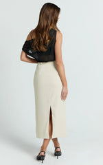 Alanna Midi Skirt - High Waisted Back Split Pencil Skirt in Neutral