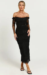 Evelyn Midi Dress - Long Sleeve Shirred Tulle Dress in Black Polka