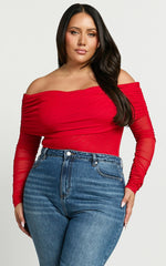 Jaythen Bodysuit - Long Sleeve Off Shoulder Ruched Mesh Bodysuit in Red