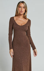 Lydia Midi Dress - V Neck Long Sleeve Knitted Dress in Chocolate