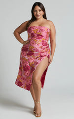 Brailey Midi Dress - Thigh Split Strapless Dress in Pink Jacquard