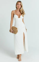 Estelle Midi Dress - Beaded Scallop Neck Split Leg Dress in Off White