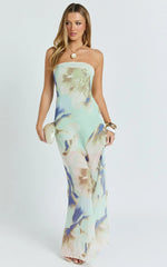 Adiana Maxi Dress - Floral Print Strapless Dress in Aquamarine Floral