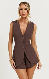 Olivia Top - Longline Linen V Neck Back Tie Vest Top in Chocolate