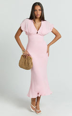 Desiree Midi Dress - V Neck Flutter Short Sleeve Slip Dress in Pink