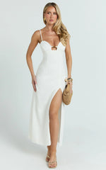 Estelle Midi Dress - Beaded Scallop Neck Split Leg Dress in Off White
