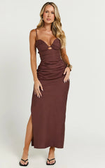 Nicoletta Midi Dress - Sweetheart Back Tie Gathered Dress in Chocolate
