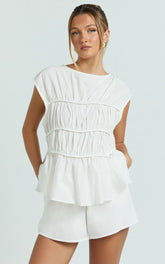 Alina Two Piece Set - Ruched Detail Top and Short Pants Set in White