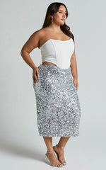 Hasley Midi Skirt - Sequin Bodycon Skirt in Silver