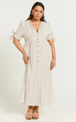 Avegail Midi Dress - V Neck Button Through Short Sleeve Dress in Bone