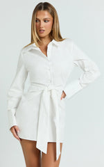 Duncan Mini Dress - Long Sleeve Tie Waist Shirt Dress in White