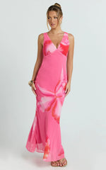 Iris Maxi Dress - Sleeveless V Neckline Dress in Fuschia Floral