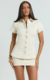 Paige Top - Button Down Short Sleeve Denim Top in Ecru