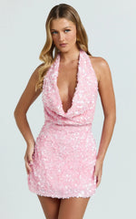 Elle Mini Dress - Cowl Halter Neck Sequin Bodycon Dress in Pink