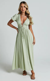 Matteo Midi Dress - Deep V Neck Puff Sleeve Dress in Sage
