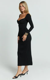 Naya Midi Dress - Long Sleeve Sweetheart Neck Bodycon Dress in Black