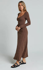 Lydia Midi Dress - V Neck Long Sleeve Knitted Dress in Chocolate