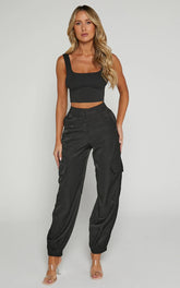 Robbie Pants - Mid Rise Cuffed Ankle Cargo Pants in Black