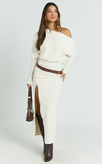 Alyce Midi Dress - Jersey Asymmetric Ruched Bodycon Dress in Off White