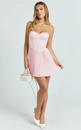 Loretta Mini Dress - Lace Up Corset Pleated Dress in Soft Pink