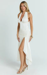 Carmela Midi Dress - Gather Bust and Shoulder Strap With Front Leg Split Dress in Off White