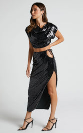 Olivera Midi Skirt - Thigh Split Waist Cut Out Sequin Skirt in Black