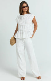 Auric Two Piece Set - Ruched Detail Top and Wide Leg Pants Set in Cream