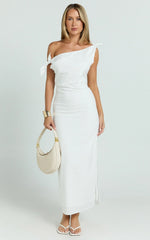 Cincinnati Midi Dress - Off The Shoulder Side Split Column Linen Dress in White