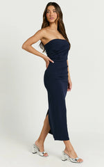 Calanthe Midi Dress - Strapless Tuck Detail Dress in Navy