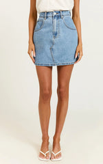 Jaden Mini Skirt - High Waisted Recycled Denim Mini Skirt in Mid Blue Wash