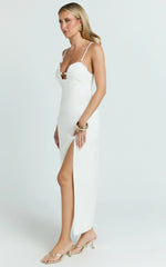 Estelle Midi Dress - Beaded Scallop Neck Split Leg Dress in Off White