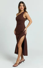 Cassia Midi Dress - One Shoulder A Line Dress in Chocolate