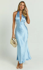 Aiyana Midi Dress - Halter Neck Satin Dress in Blue