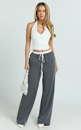 Maliha Pants - Mid Rise Contrast Elasticated Drawstring Wide Leg Tailored Pants in Charcoal