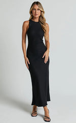 Fernley Midi Dress - Linen Racer Neck Slip Dress in Black