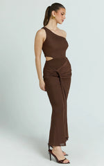 Mandy Midi Dress - Knot Detail Cut Out Mesh Dress in Chocolate