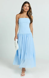 Cherie Midi Dress - Strapless Drop Waist Dress in Blue