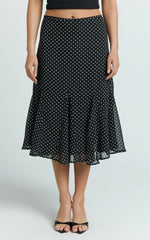 Charlie Midi Skirt - Polka Dot Low Waist Godet Skirt in Black