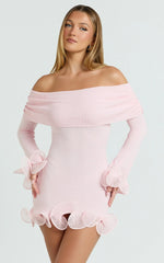 Estelle Mini Dress - Off Shoulder Long Sleeve Frilled Hem Fitted Dress in Baby Pink
