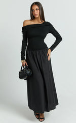 Lorna Midi Dress - One Shoulder Long Sleeve Dress in Black